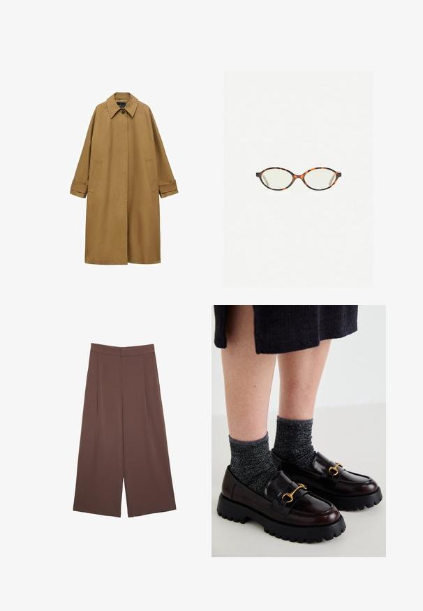 Smeđi trench kaput napravljen od glatkog materijala, s kragnom, dugim rukavima i dva bočna džepa. Labav kroj, dizajn do koljena.; Bežani skraćeni pulover napravljen od mekog pletenog materijala. Ima okrugli izrez, duge rukave i rebraste manžete i porub za dodatnu teksturu.; Bijela bezrukavna majica s opuštenim krojem, okruglim izrezom, glatkom teksturom i ravnim rubom. Jednostavan dizajn bez uzoraka ili hardvera.; Smeđe hlače širokog kroja s glatkom teksturom, koje imaju visok struk i nabore sprijeda. Tkanina je lagana i slobodno se kreće.; Call it Spring CLUELESSS - Obuća za navlačenje - dark brown; Naočale u boji kornjače s ovalnim staklima i elegantnim, glatkim završetkom. Imaju tanke strane s suptilnom krivuljom na sljepoočnicama. Prozirna stakla.