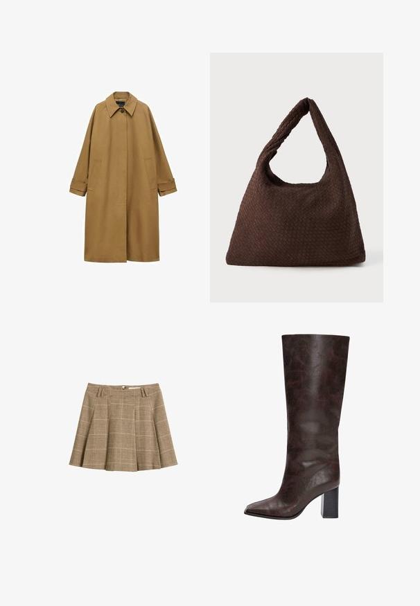 Bruine trenchcoat van gladde stof, met een kraag, lange mouwen en twee zijzakken. Losse pasvorm, knielange ontwerp.; Donkerbruine coltrui, gemaakt van gebreide textuurstof, met een ontspannen pasvorm en ribgebreide manchetten en onderkant.; Bruine geruite rok met een vloeiende snit, plooien en een tailleband met riemlussen. Gemaakt van een gestructureerde stof met een ruitpatroon.; Bruine neplederen laarzen tot de knie met een puntige neus, een gestructureerd oppervlak en een chunky zwarte hak. Gladde afwerking, minimale details.; Bruine geweven tas met een slaconvorm, een enkele lus handvat en een gestructureerd oppervlak. Het ontwerp is hobo-stijl zonder extra bevestigingsmiddelen.