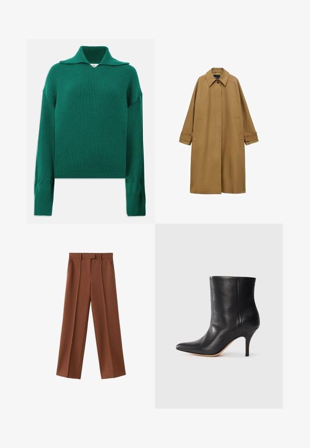 Brauner Trenchcoat aus glattem Stoff, mit einem Kragen, langen Ärmeln und zwei seitlichen Taschen. Lockerer Schnitt, knielange Ausführung.; Grüner gerippter Strickpullover mit breitem Kragen, langen Ärmeln und seitlichen Schlitzen. Hat eine strukturierte Oberfläche und eine lockere Passform.; Braune weite Hosen mit gefaltetem Bund, aus strukturiertem Stoff, mit Seitentaschen und einem Taillenbund mit Gürtelschlaufen.; Schwarze Leder-Ankle Boots mit spitzem Zeh, schlankem Stiletto-Absatz und glatter Textur. Minimalistisches Design ohne sichtbare Beschläge oder Akzente.