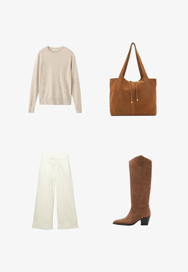 Smeđi trench kaput napravljen od glatkog materijala, s kragnom, dugim rukavima i dva bočna džepa. Labav kroj, dizajn do koljena.; Beženi džemper od mekanog materijala, s okruglim izrezom i dugim rukavima. Jednostavan dizajn bez uzoraka ili ukrasa.; Široke hlače od meke, kremaste tkanine. Imaju ravni pojas s prednje strane i roll-up rubove. Glatka tekstura s čistim, minimalističkim dizajnom.; Smeđe zrelo čizme do koljena s šiljastim vrhom, nagnutim petom i ukrasnim šavovima na cijevi. Glatka tekstura i suženi dizajn.; Smeđa antilop torba za ruke s dva duga remena, zatvaranje na vezicu i minimalistički dizajn. Glatka tekstura i bez vidljivih metalnih elemenata.