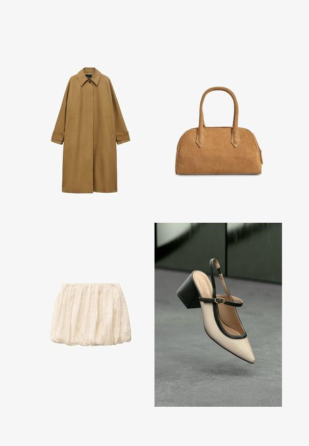 Brauner Trenchcoat aus glattem Stoff, mit einem Kragen, langen Ärmeln und zwei seitlichen Taschen. Lockerer Schnitt, knielange Ausführung.; Weißer Kurzarmpullover mit Zopfmuster, Rundhalsausschnitt und geripptem Saum. Weicher Stoff, lässige Passform und schlichtes Design.; Elfenbeinfarbenen kurzer Rock aus leichtem, strukturiertem Stoff mit gerafftem Design und elastischem Bund. Lässig und vielseitig für verschiedene Outfits.; Beige Slingback-Schuh mit spitzer Zehenpartie, schwarzer Umrandung, goldener Schnalle und dicker Blockabsatz auf grauem Boden vor dunklem grünen Hintergrund.; Tasche aus beigem Wildleder mit strukturierter Form, zwei Griffen, dreieckigen Ausschnitten und einem Reißverschluss oben zum Schließen.