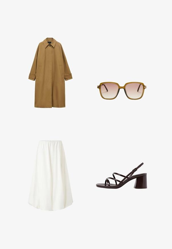 Brauner Trenchcoat aus glattem Stoff, mit einem Kragen, langen Ärmeln und zwei seitlichen Taschen. Lockerer Schnitt, knielange Ausführung.; Braunes, kurzärmliges T-Shirt aus weichem Material mit rundem Halsausschnitt und lockerer Passform. Keine sichtbaren Muster oder Akzente.; Weiße, knieumspielende Rock mit elastischem Bund, der ein fließendes Design und einen leichten Stoff aufweist, der sanft fällt. Keine sichtbaren Muster.; Braune, geschnallte High-Heel-Sandalette mit einem dicken Absatz, die über eine glatte, glänzende Oberfläche und mehrere überkreuzte Riemen im Obermaterial verfügt.; Quadratische Sonnenbrille mit einem hellbraunen transluzenten Rahmen, gradienten pinken Gläsern und dunkelbraunen Bügeln. Minimalistisches Design mit subtilen Hardware-Akzenten.; Braune Wildleder-Tasche mit zwei langen Trägern, Zugverschluss und minimalistischem Design. Glatte Textur und keine sichtbaren Hardware-Details.