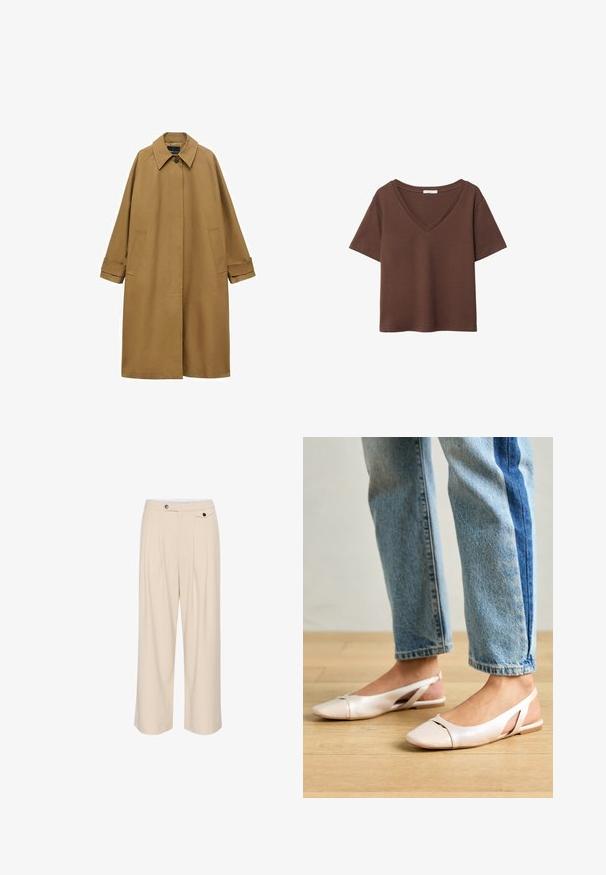 Hnedý trenčkot vyrobený z hladkej tkaniny, so golierom, dlhými rukávmi a dvomi bočnými vreckami. Voľný strih, dĺžka po kolená.; Hnedé bavlnené tričko s krátkymi rukávmi a hlbokým V-výstrihom. Jednoduchý dizajn, jemná textúra a rovný lem. Bez vzorov alebo akcentov.; Béžové široké nohavice s plochým predným dielom, dvoma postrannými vreckami, zapínaním na gombík a jemným skladaním pre zvýšenie textúry a dizajnu.; Svetloružové slingback baleríny s jemne špicatou špičkou, vyrobené z hladkého materiálu pripomínajúceho kožu. Majú výrezové detaily na stranách a plochý opätok.