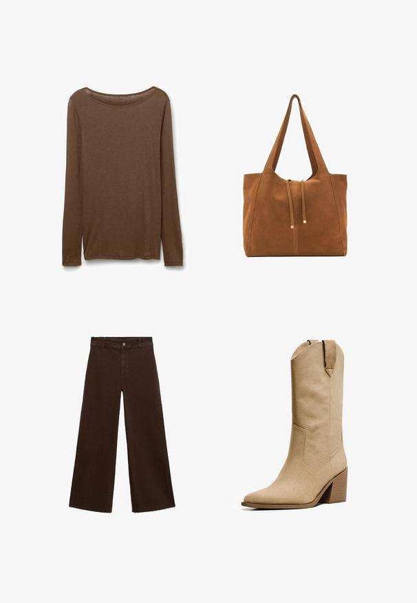 Brown trench coat made of smooth fabric, featuring a collar, long sleeves, and two side pockets. Loose fit, knee-length design.; Brown long-sleeve shirt made of soft fabric, featuring a scoop neckline and straight cut with side slits at the hem for ease.; Brown wide-leg trousers in cotton blend, featuring a frayed hem, front button closure, and classic five-pocket design. Minimalistic and versatile.; Bershka HIGH-HEEL - Cowboy/Biker boots - beige; Brown suede tote bag with two long straps, drawstring closure, and minimalistic design. Smooth texture and no visible hardware accents.