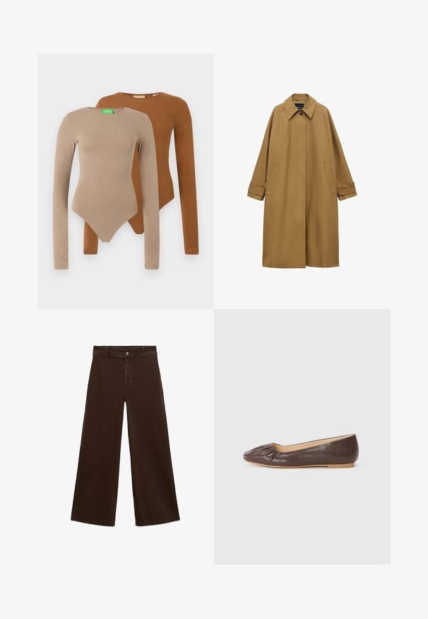Caban maro realizat dintr-un material neted, cu guler, mâneci lungi și două buzunare laterale. Croială lejeră, design până la genunchi.; Două bodysuit-uri lungi, ajustate, cu gât rotund, unul bej și unul maro, expuse suprapus pe un fundal alb.; Pantaloni largi maro dintr-un amestec de bumbac, cu un tiv desfăcut, închidere cu buton frontal și un design clasic cu cinci buzunare. Minimalist și versatil.; Balerini din piele maro, cu vârful rotund, detalii plisate în față și o talpă plate de culoare deschisă.