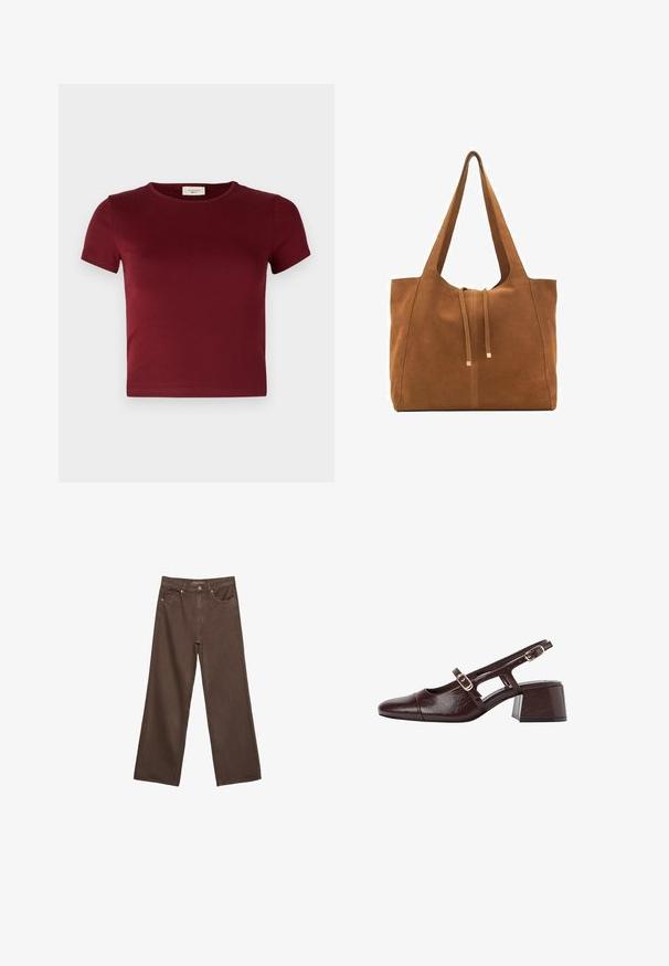 Hnědý trenčkot vyrobený z hladké tkaniny, s límečkem, dlouhými rukávy a dvěma bočními kapsami. Volný střih, dlouhý po kolena.; Gina Tricot BASIC TIGHT - Jednoduché tričko - dark red; Hnědé džíny s širokými nohavicemi vyrobené z denimu, s vysokým pasem, předními kapsami a klasickým zapínáním na knoflík. Hladká textura s jemným švem.; Hnědé kožené slingback podpatky se čtveratou špičkou, výřezovými stranami a blokovým podpatkem. Obsahuje přezku na kotníkovém pásku.; Hnědá semišová taška s dvěma dlouhými popruhy, stahovací šňůrkou a minimalistickým designem. Hladký povrch a žádné viditelné kovové akcenty.