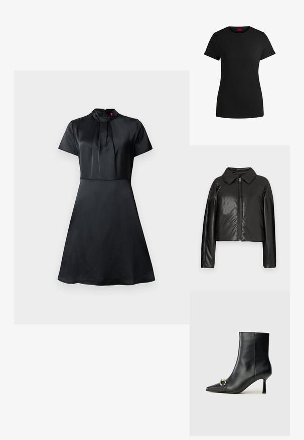 Schwarze Kunstleder-Cropped-Jacke mit Kragen und Reißverschluss. Mit langen Ärmeln und glatter, glänzender Textur.; Schwarzes Satin-Kleid mit kurzen Ärmeln, einem hohen Kragen und Falten-Details am Ausschnitt. A-Linie Silhouette mit glatter Textur.; Schwarzes Baumwoll-T-Shirt mit kurzen, aufgerollten Ärmeln, rundem Halsausschnitt und rotem Etikett. Glatte Textur, taillierte Form mit minimalen Details.; Schwarze Leder-Stiefelette mit spitzer Zehe, schlankem, mittelhohem Absatz und silberner Schnalle seitlich vor einem schlichten Hintergrund.