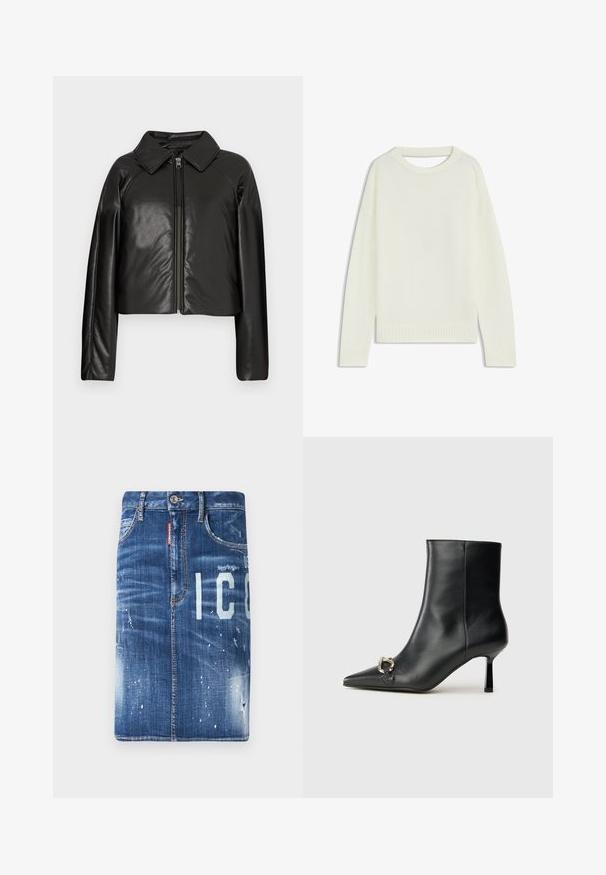 Black faux leather cropped jacket with a collared neckline and zip closure. Features long sleeves and smooth, glossy texture.; Light cream sweater featuring a round neck, long sleeves, ribbed hem, and a soft texture. No patterns or visible hardware details.; Denim skirt in dark blue with distressed details, light bleached spots, and printed lettering. Features a standard waistband and zipper closure.; Black leather ankle boot with pointed toe, slim mid-height heel, and silver buckle detail on side against plain background.