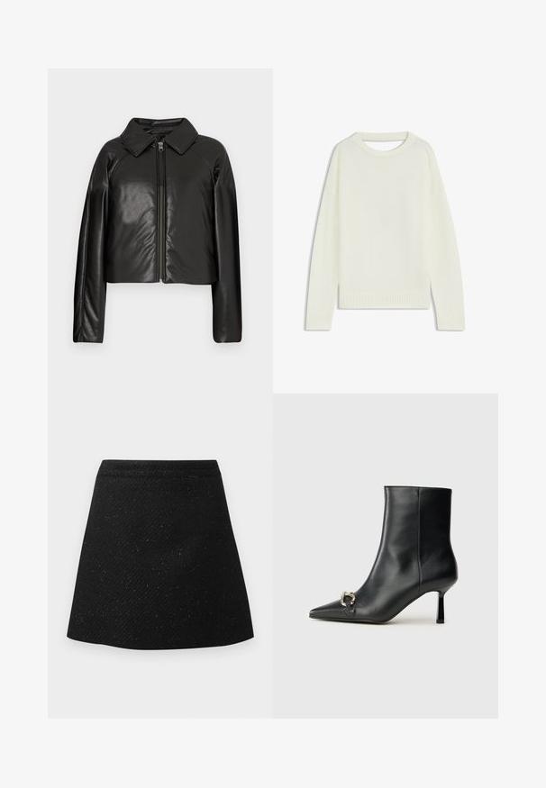Chaqueta corta de imitación piel negra con cuello con solapa y cierre de cremallera. Presenta mangas largas y una textura suave y brillante.; Suéter de color crema claro con cuello redondo, mangas largas, dobladillo acanalado y una textura suave. Sin patrones ni detalles de hardware visibles.; Falda negra de tejido texturizado, con una cintura ajustada y un diseño acampanado. Simple, de color sólido y sin patrones ni acentos visibles.; Botín negro de cuero hasta el tobillo con punta afilada, tacón delgado de altura media y detalle de hebilla plateada en el lateral, sobre un fondo liso.