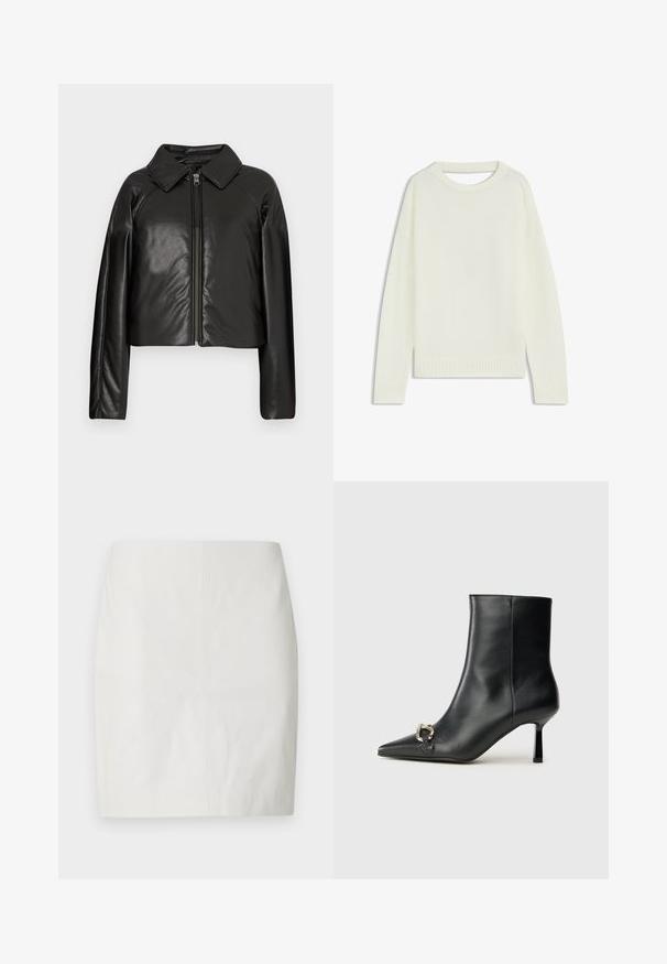 Giacca cropped nera in ecopelle con colletto e chiusura a zip. Caratterizzata da maniche lunghe e una texture liscia e lucida.; Maglione color crema chiaro con collo tondo, maniche lunghe, orlo a costine e una consistenza morbida. Nessun motivo o dettagli hardware visibili.; Minigonna in pelle bianca con silhouette aderente, texture liscia e design pulito caratterizzato da cuciture minimali e assenza di elementi hardware visibili.; Stivale alla caviglia in pelle nera con punta affusolata, tacco sottile di media altezza e dettaglio in fibbia argentata sul lato, su sfondo semplice.