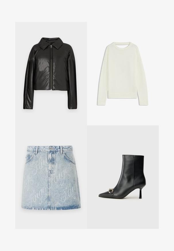 Black faux leather cropped jacket with a collared neckline and zip closure. Features long sleeves and smooth, glossy texture.; Light cream sweater featuring a round neck, long sleeves, ribbed hem, and a soft texture. No patterns or visible hardware details.; Light blue denim skirt with faded wash, featuring a front button closure and all-over "Hugo" logo pattern. Five-pocket style.; Black leather ankle boot with pointed toe, slim mid-height heel, and silver buckle detail on side against plain background.