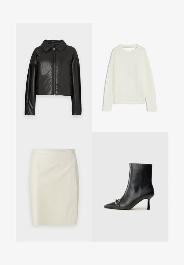 Svart imitationläder kortjacka med krage och dragkedjestängning. Har långa ärmar och en slät, glänsande yta.; Ljus krämfärgad tröja med rund hals, långa ärmar, ribbat nederkant och en mjuk struktur. Inga mönster eller synliga hårdvarudetaljer.; Krämfärgad pennkjol i konstläder med diagonal söm och dold knäppning på översidan.; Svart läderankelboot med spetsig tå, smal medelhög klack och silverfärgad spänndetalj på sidan mot en enfärgad bakgrund.