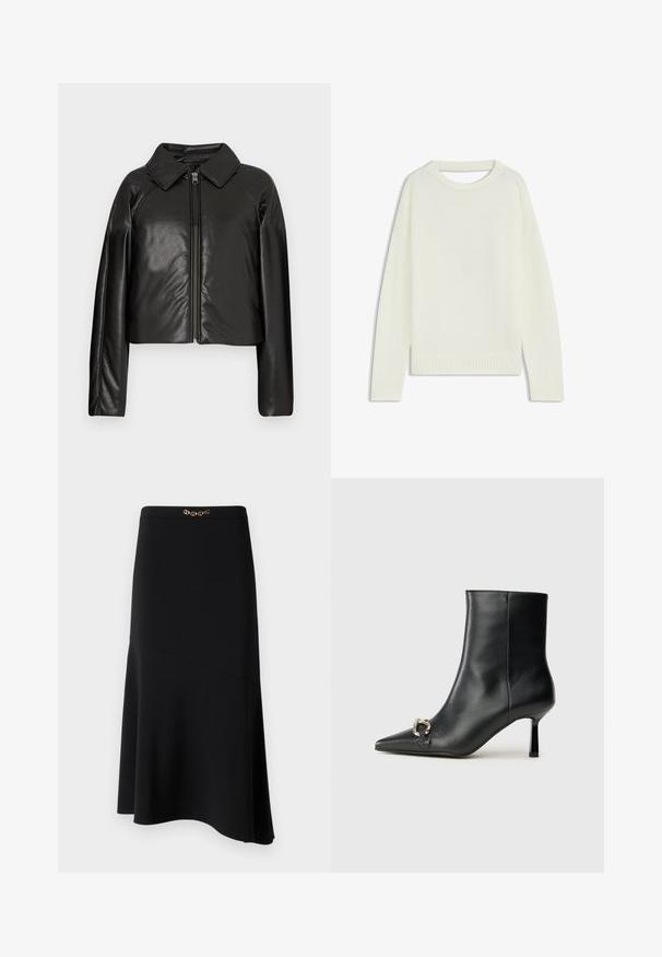 Czarna krótka kurtka z sztucznej skóry z kołnierzykiem i zapięciem na zamek. Posiada długie rękawy oraz gładką, błyszczącą fakturę.; Jasny sweter z okrągłym dekoltem, długimi rękawami, prążkowanym wykończeniem i miękką teksturą. Bez wzorów ani widocznych detali metalowych.; Czarna midi spódnica o kroju A, wykonana z gładkiego materiału, z dekoracyjnym złotym łańcuchem na pasku.; Czarny skórzany botek za kostkę z szpiczastym noskiem, smukłym średnim obcasem i srebrnym zapięciem po boku na jednolitym tle.