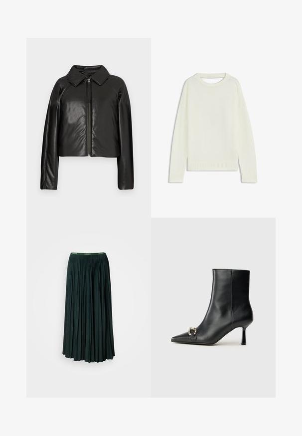 Zwarte faux leren cropped jack met een kraag en ritssluiting. Heeft lange mouwen en een soepele, glanzende textuur.; Lichtcreme trui met een ronde hals, lange mouwen, geribbelde zoom en een zachte textuur. Geen patronen of zichtbare hardwaredetails.; Lange, geplooide rok in donkergroen met een brede tailleband met de merknaam "LACOSTE" in contrasterende groene letters.; Zwarte leren enkelboot met spitse neus, slanke middenhoge hak en zilveren gespdetail aan de zijkant op een effen achtergrond.
