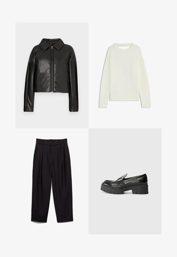 Black faux leather cropped jacket with a collared neckline and zip closure. Features long sleeves and smooth, glossy texture.; Light cream sweater featuring a round neck, long sleeves, ribbed hem, and a soft texture. No patterns or visible hardware details.; Black tailored trousers with a high waistband, pleated front, and wide legs. Fabric appears smooth with subtle texture, suitable for formal attire.; Black leather loafers with a chunky rubber sole. Features a buckle accent and stitched detailing along the upper. Flat heel.