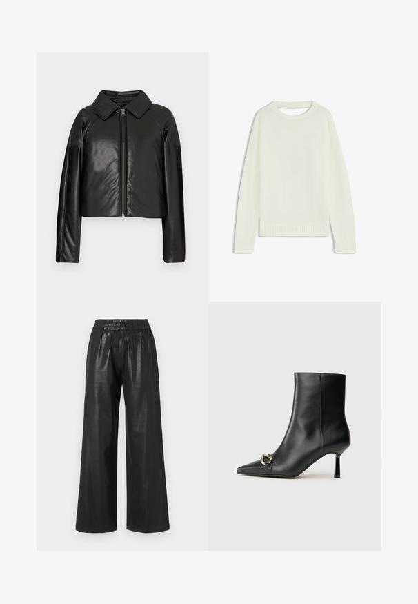 Black faux leather cropped jacket with a collared neckline and zip closure. Features long sleeves and smooth, glossy texture.; Light cream sweater featuring a round neck, long sleeves, ribbed hem, and a soft texture. No patterns or visible hardware details.; Black faux leather wide-leg pants with an elastic waistband, featuring two side pockets and a smooth, shiny texture.; Black leather ankle boot with pointed toe, slim mid-height heel, and silver buckle detail on side against plain background.