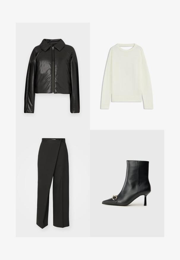 Black faux leather cropped jacket with a collared neckline and zip closure. Features long sleeves and smooth, glossy texture.; Light cream sweater featuring a round neck, long sleeves, ribbed hem, and a soft texture. No patterns or visible hardware details.; Black trousers featuring a wrap design, wide legs, and a smooth, structured fabric. No visible patterns or accents.; Black leather ankle boot with pointed toe, slim mid-height heel, and silver buckle detail on side against plain background.