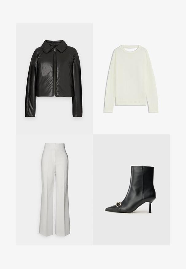 Black faux leather cropped jacket with a collared neckline and zip closure. Features long sleeves and smooth, glossy texture.; Light cream sweater featuring a round neck, long sleeves, ribbed hem, and a soft texture. No patterns or visible hardware details.; Wide-leg white trousers with a high waist, made from smooth fabric, featuring pressing details on the front and clean-cut lines.; Black leather ankle boot with pointed toe, slim mid-height heel, and silver buckle detail on side against plain background.