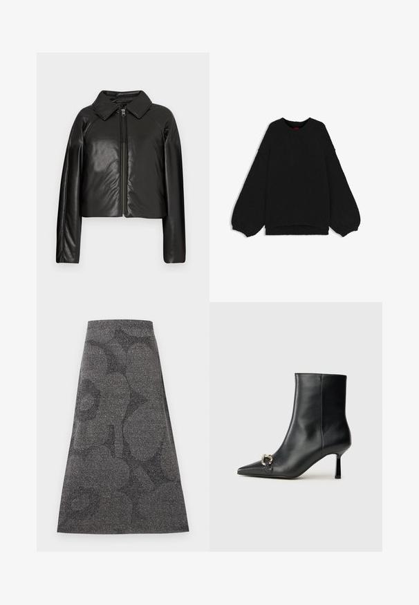 Sort kunstlæder cropped jakke med krave og lynlåslukning. Har lange ærmer og en glat, blank tekstur.; Sort sweater lavet af blødt, struktureret stof. Har en rund hals og ballonærmer med ribbede manchetter og kant. Enkelt og alsidigt design.; Grå, knælang nederdel med en struktureret, glitrende finish. Har et subtilt mørkt mønster. A-linje design med en tætsiddende talje.; Sort læder ankelstøvle med spidse tæer, slank hæl i mellemhøjde og sølvspænde detaljer på siden mod en ensfarvet baggrund.