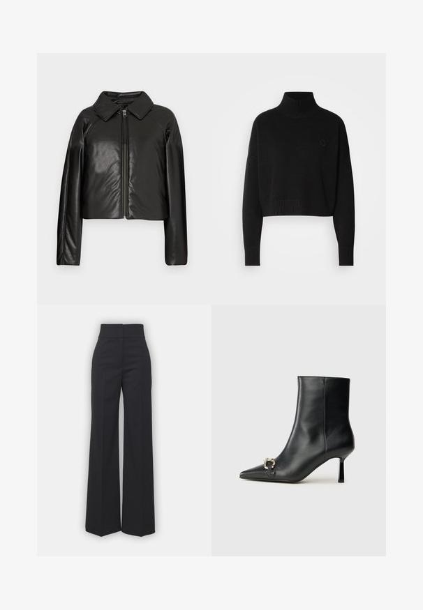 Jachetă cropped din faux leather negru, cu guler și închidere cu fermoar. Prezintă mâneci lungi și o textură netedă, lucioasă.; Pulover negru scurt, cu guler înalt cu nervuri, mâneci lungi, textură tricotată, având un mic logo pe piept.; Pantaloni largi din țesătură neagră cu talie înaltă, având o finisare curată și o textură netedă. Fără accesorii vizibile sau modele.; Botine negre din piele, cu vârf ascuțit, toc subțire de înălțime medie și detaliu cu cataramă argintie pe lateral, pe un fundal simplu.