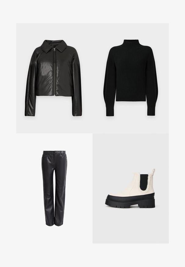 Mustat tekonahkaiset lyhyet takit, joissa on kauluksessa oleva kaulus ja vetoketjukiinnitys. Ominaisuuksiin kuuluu pitkät hihat ja sileä, kiiltävä pinta.; Musta neulepusero korkealla kauluksella, ribbitetyllä pinnalla ja raglan-hihansuilla. Helmassa on hieman lyhennetty malli, ja se päättyy paksuun ribbihäntään.; Mustat nahkahousut suoran leikkauksen kanssa, joissa on etutaskut ja sileä, kiiltävä pinta. Varustettu napilla ja vetoketjukiinnityksellä.; Paksut korkeat nilkkasaappaat, joissa on valkoinen yläosa, musta kumipohja ja erottuvat mustat joustavat sivupaneelit. Tekoturkisreuna ylhäällä.