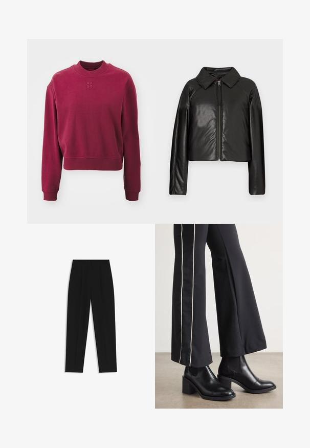 Black faux leather cropped jacket with a collared neckline and zip closure. Features long sleeves and smooth, glossy texture.; HUGO DAXANDRIA - Sweatshirt - medium red; Black trousers with a straight fit, featuring double pleats, a smooth texture, and a classic waistband design. No visible hardware or accents.; Black leather ankle boots with a block heel, featuring elastic side panels. Paired with black pants that have a white side stripe.