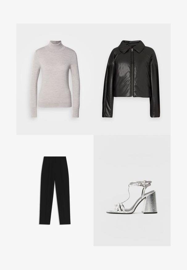 Giacca cropped nera in ecopelle con colletto e chiusura a zip. Caratterizzata da maniche lunghe e una texture liscia e lucida.; Maglione a collo alto grigio chiaro realizzato in morbido tessuto knit, con maniche lunghe e silhouette aderente, arricchito da polsini e orlo a coste.; Pantaloni neri a taglio dritto, con doppie pieghe, una texture liscia e un design classico in vita. Nessun hardware o dettaglio visibile.; Sandalo con tacco a blocco argentato, caratterizzato da fasce sottili e una fibbia alla caviglia. Il materiale ha una finitura metallica con un aspetto testurizzato.
