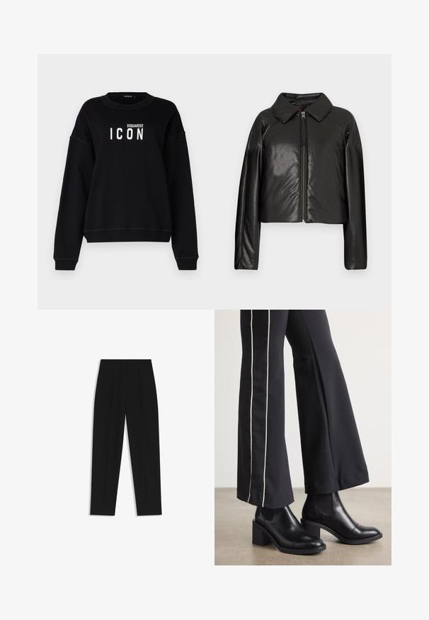 Schwarze Kunstleder-Cropped-Jacke mit Kragen und Reißverschluss. Mit langen Ärmeln und glatter, glänzender Textur.; Schwarzer Sweatshirt mit Rundhalsausschnitt, ausgestattet mit einem weißen "ICON"-Grafik und "DSQUARED2"-Logo. Weicher Stoff, lockere Passform, gerippte Bündchen.; Schwarze Hose mit geradem Schnitt, doppelten Falten, einer glatten Textur und einem klassischen Bunddesign. Keine sichtbaren Beschläge oder Akzente.; Schwarze Lederstiefeletten mit einem Blockabsatz, ausgestattet mit elastischen seitlichen Einsätzen. Kombiniert mit schwarzen Hosen, die einen weißen Seitenstreifen haben.