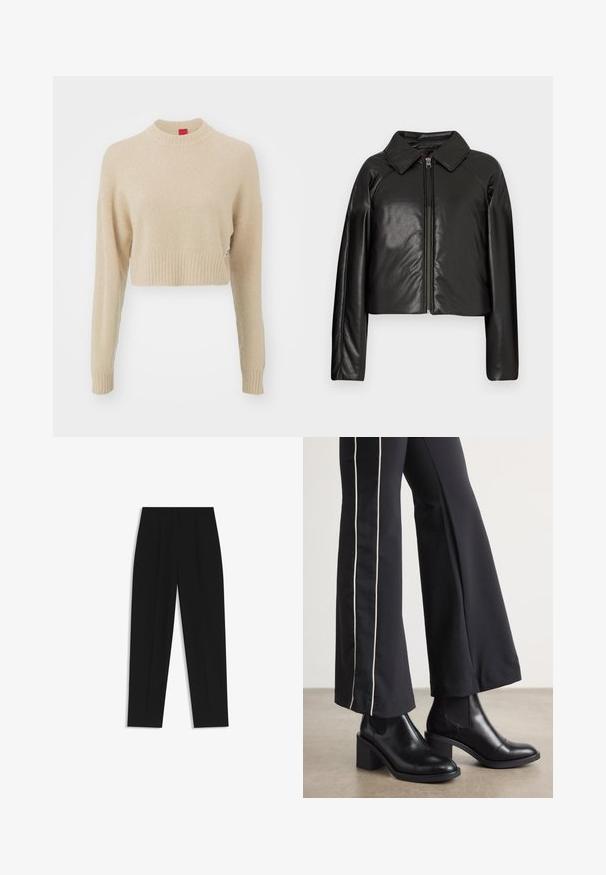 Schwarze Kunstleder-Cropped-Jacke mit Kragen und Reißverschluss. Mit langen Ärmeln und glatter, glänzender Textur.; HUGO SELLEN - Strickpullover - open beige; Schwarze Hose mit geradem Schnitt, doppelten Falten, einer glatten Textur und einem klassischen Bunddesign. Keine sichtbaren Beschläge oder Akzente.; Schwarze Lederstiefeletten mit einem Blockabsatz, ausgestattet mit elastischen seitlichen Einsätzen. Kombiniert mit schwarzen Hosen, die einen weißen Seitenstreifen haben.