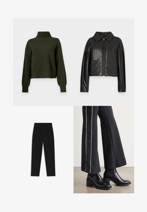 Schwarze Kunstleder-Cropped-Jacke mit Kragen und Reißverschluss. Mit langen Ärmeln und glatter, glänzender Textur.; Olivgrüner, verkürzter Pullover mit hohem Kragen und langen, lockeren Ärmeln. Hergestellt aus weichem Material mit einer leicht fusseligen Textur.; Schwarze Hose mit geradem Schnitt, doppelten Falten, einer glatten Textur und einem klassischen Bunddesign. Keine sichtbaren Beschläge oder Akzente.; Schwarze Lederstiefeletten mit einem Blockabsatz, ausgestattet mit elastischen seitlichen Einsätzen. Kombiniert mit schwarzen Hosen, die einen weißen Seitenstreifen haben.