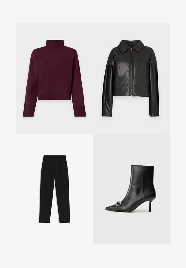 Mustat tekonahkaiset lyhyet takit, joissa on kauluksessa oleva kaulus ja vetoketjukiinnitys. Ominaisuuksiin kuuluu pitkät hihat ja sileä, kiiltävä pinta.; Bordeaux turtleneck-neule, jossa on lyhennetty malli, ribbaus hihansuissa ja sileä pinta, pitkät hihat ja istuva kaula-aukko.; Mustat housut suoran istuvuuden kanssa, joissa on kaksinkertaiset laskokset, sileä pinta ja klassinen vyötärönauhan muotoilu. Ei näkyviä metalliosia tai koristeita.; Musta nahkasaapas nilkkapituisilla, terävillä kärjillä, hoikalla keskipituisella korolla ja hopeavöillä sivussa yksinkertaista taustaa vasten.