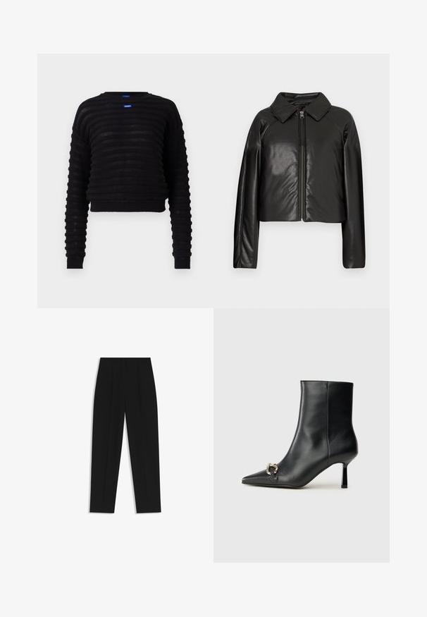 Schwarze Kunstleder-Cropped-Jacke mit Kragen und Reißverschluss. Mit langen Ärmeln und glatter, glänzender Textur.; Schwarzer, kurzer Pullover mit geripptem Textur, langen Ärmeln und rundem Halsausschnitt. Mit einem blauen Logotag auf der Vorderseite. Hergestellt aus leichtem Material.; Schwarze Hose mit geradem Schnitt, doppelten Falten, einer glatten Textur und einem klassischen Bunddesign. Keine sichtbaren Beschläge oder Akzente.; Schwarze Leder-Stiefelette mit spitzer Zehe, schlankem, mittelhohem Absatz und silberner Schnalle seitlich vor einem schlichten Hintergrund.