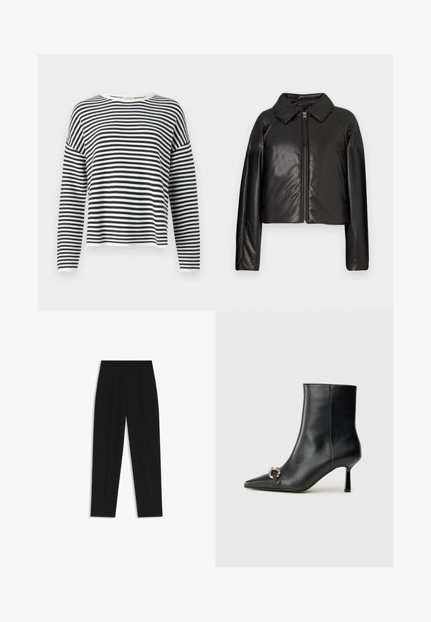 Black faux leather cropped jacket with a collared neckline and zip closure. Features long sleeves and smooth, glossy texture.; Long-sleeve, crew-neck top made of soft fabric with black and white horizontal stripes. Features ribbed cuffs and hem.; Black trousers with a straight fit, featuring double pleats, a smooth texture, and a classic waistband design. No visible hardware or accents.; Black leather ankle boot with pointed toe, slim mid-height heel, and silver buckle detail on side against plain background.
