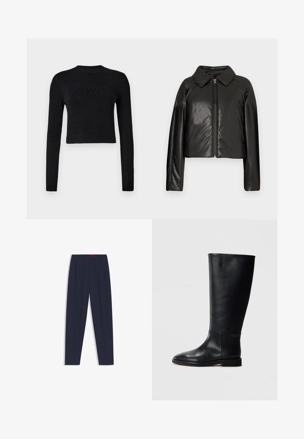 Black faux leather cropped jacket with a collared neckline and zip closure. Features long sleeves and smooth, glossy texture.; Black long-sleeve cropped sweater with ribbed cuffs and hem, featuring a subtle raised logo across the chest.; Navy blue tailored trousers with a smooth texture, featuring front pleats and side pockets. Straight leg design and no visible embellishments.; Black leather knee-high boot with a rounded toe, smooth texture, minimalistic design, and a flat sole. Simple seam details on the shaft.