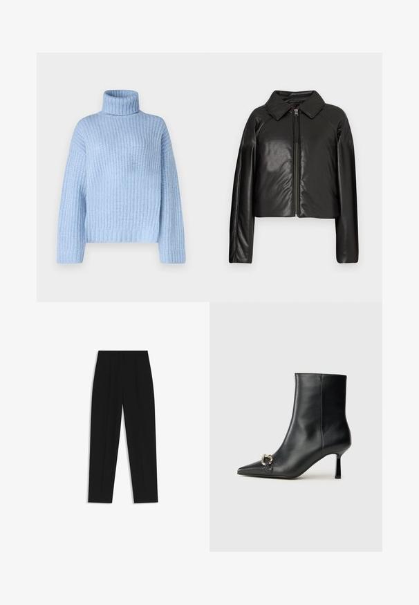Giacca cropped nera in ecopelle con colletto e chiusura a zip. Caratterizzata da maniche lunghe e una texture liscia e lucida.; Maglione turtleneck azzurro chiaro in una texture a costine, con maniche lunghe e un fit rilassato, dotato di un colletto largo e strutturato al collo.; Pantaloni neri a taglio dritto, con doppie pieghe, una texture liscia e un design classico in vita. Nessun hardware o dettaglio visibile.; Stivale alla caviglia in pelle nera con punta affusolata, tacco sottile di media altezza e dettaglio in fibbia argentata sul lato, su sfondo semplice.