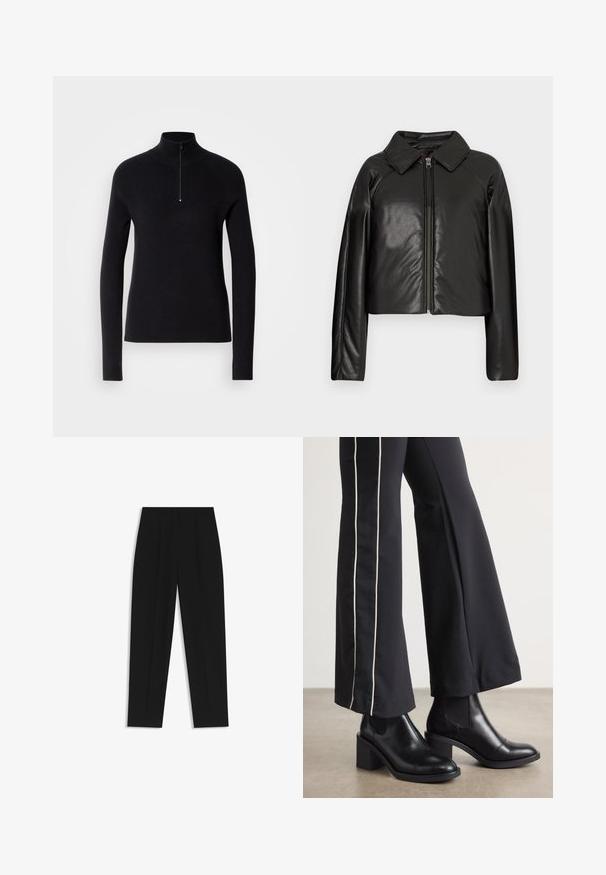 Black faux leather cropped jacket with a collared neckline and zip closure. Features long sleeves and smooth, glossy texture.; Black knitted pullover with a high collar and a half zipper, featuring a ribbed texture and long sleeves. Simple and fitted design.; Black trousers with a straight fit, featuring double pleats, a smooth texture, and a classic waistband design. No visible hardware or accents.; Black leather ankle boots with a block heel, featuring elastic side panels. Paired with black pants that have a white side stripe.