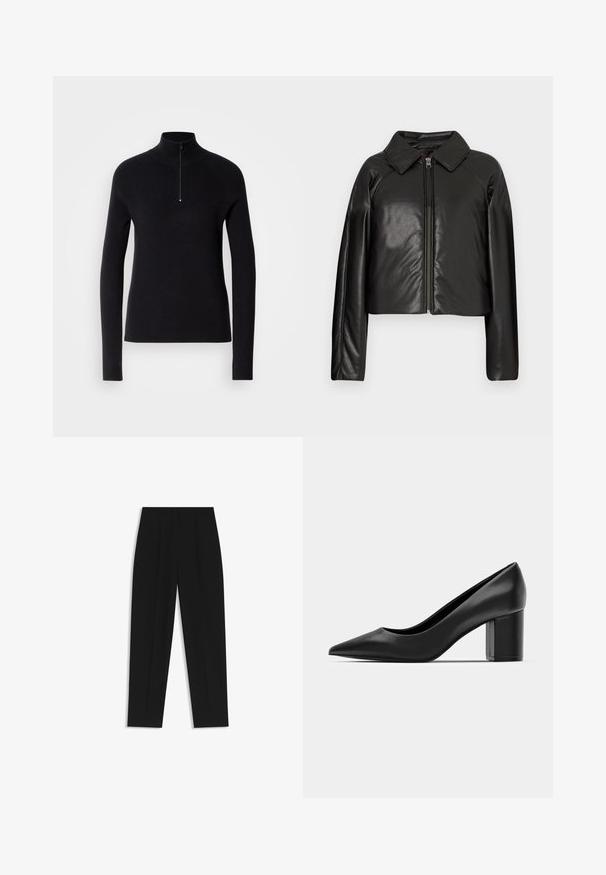 Schwarze Kunstleder-Cropped-Jacke mit Kragen und Reißverschluss. Mit langen Ärmeln und glatter, glänzender Textur.; Schwarzer gestrickter Pullover mit hohem Kragen und einem halben Reißverschluss, der eine gerippte Struktur und lange Ärmel aufweist. Einfaches und figurbetontes Design.; Schwarze Hose mit geradem Schnitt, doppelten Falten, einer glatten Textur und einem klassischen Bunddesign. Keine sichtbaren Beschläge oder Akzente.; Schwarze Lederpumps mit spitzem Zehenbereich und einem klobigen quadratischen Absatz. Glatte Textur, einfaches Design, geeignet für formelle Anlässe.
