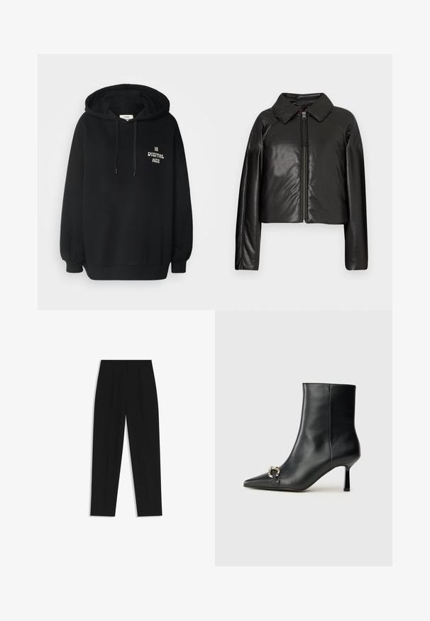 Schwarze Kunstleder-Cropped-Jacke mit Kragen und Reißverschluss. Mit langen Ärmeln und glatter, glänzender Textur.; Schwarzer Kapuzenpullover aus Baumwollmischgewebe, mit langen Ärmeln, gerippten Bündchen und dem aufgedruckten Text "IS DIGITAL AGE" in Weiß.; Schwarze Hose mit geradem Schnitt, doppelten Falten, einer glatten Textur und einem klassischen Bunddesign. Keine sichtbaren Beschläge oder Akzente.; Schwarze Leder-Stiefelette mit spitzer Zehe, schlankem, mittelhohem Absatz und silberner Schnalle seitlich vor einem schlichten Hintergrund.