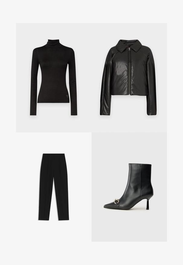 Schwarze Kunstleder-Cropped-Jacke mit Kragen und Reißverschluss. Mit langen Ärmeln und glatter, glänzender Textur.; Schwarzes Rollkragenoberteil mit langen Ärmeln, hergestellt aus glattem, dehnbarem Stoff. Verfügt über ein tailliertes Design und ein kleines Akzentlogo am Saum.; Schwarze Hose mit geradem Schnitt, doppelten Falten, einer glatten Textur und einem klassischen Bunddesign. Keine sichtbaren Beschläge oder Akzente.; Schwarze Leder-Stiefelette mit spitzer Zehe, schlankem, mittelhohem Absatz und silberner Schnalle seitlich vor einem schlichten Hintergrund.