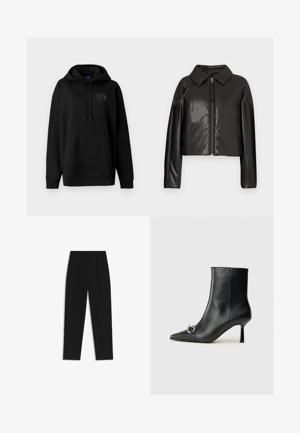 Giacca cropped nera in ecopelle con colletto e chiusura a zip. Caratterizzata da maniche lunghe e una texture liscia e lucida.; Felpa nera con cappuccio realizzata in tessuto morbido, dotata di tasca a marsupio, cordoncini e un logo a cuore lucido sul petto. Fit semplice e rilassato.; Pantaloni neri a taglio dritto, con doppie pieghe, una texture liscia e un design classico in vita. Nessun hardware o dettaglio visibile.; Stivale alla caviglia in pelle nera con punta affusolata, tacco sottile di media altezza e dettaglio in fibbia argentata sul lato, su sfondo semplice.