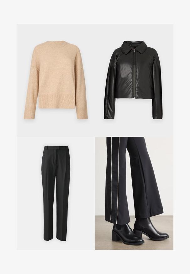 Fekete műbőr cropped dzseki galléros nyakkal és cipzárral. Hosszú ujjú, sima és fényes textúrával rendelkezik.; Beige kötött pulóver kerek nyakkivágással, eső vállakkal és bordás szegéllyel. A textúra puhanak és enyhén bolyhosnak tűnik.; Fekete, testre szabott nadrág, könnyű anyagból készült, egyenes szabású, lapos elülső résszel és övhurkokkal. Simának tűnő textúra, látható minták nélkül.; Fekete bőr bokacsizma, tömbsarkúval, oldalán rugalmasszal ellátott panelek találhatók. Fekete nadrággal párosítva, amelynek fehér oldalsávja van.