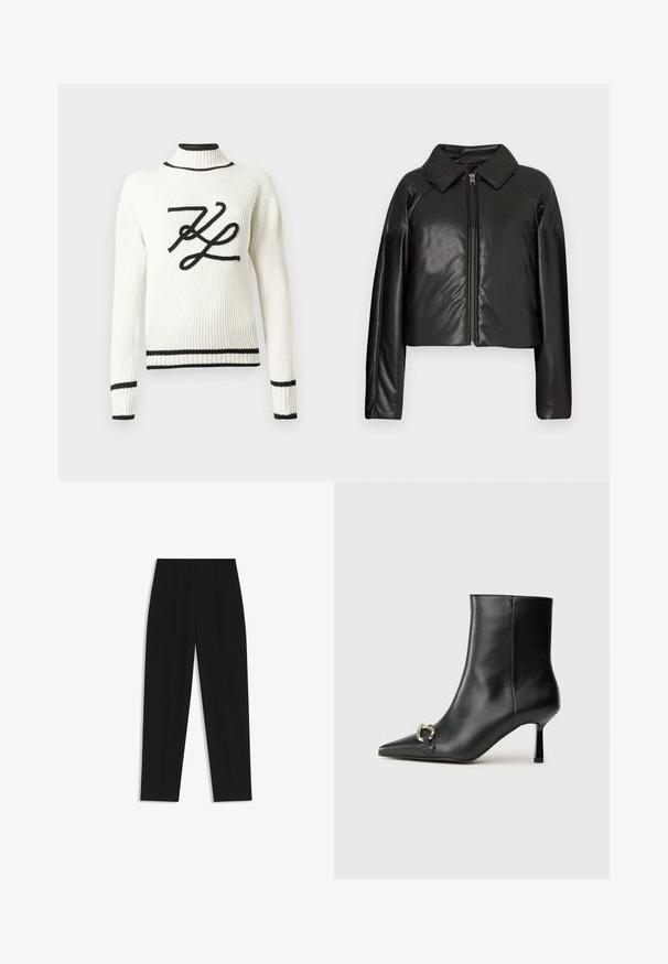Giacca cropped nera in ecopelle con colletto e chiusura a zip. Caratterizzata da maniche lunghe e una texture liscia e lucida.; Maglione bianco a coste con un logo nero ricamato sul davanti. Presenta un collo alto e rifiniture nere su polsini e orlo.; Pantaloni neri a taglio dritto, con doppie pieghe, una texture liscia e un design classico in vita. Nessun hardware o dettaglio visibile.; Stivale alla caviglia in pelle nera con punta affusolata, tacco sottile di media altezza e dettaglio in fibbia argentata sul lato, su sfondo semplice.