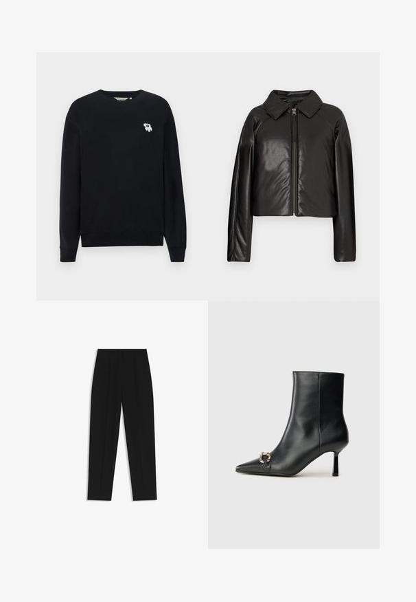 Black faux leather cropped jacket with a collared neckline and zip closure. Features long sleeves and smooth, glossy texture.; Black sweatshirt made of cotton. Features long sleeves, a round neckline, and a small white floral embroidery on the left chest.; Black trousers with a straight fit, featuring double pleats, a smooth texture, and a classic waistband design. No visible hardware or accents.; Black leather ankle boot with pointed toe, slim mid-height heel, and silver buckle detail on side against plain background.