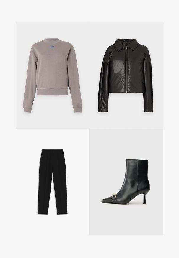Black faux leather cropped jacket with a collared neckline and zip closure. Features long sleeves and smooth, glossy texture.; Gray, cropped sweatshirt made of soft cotton blend, featuring a crew neck and long sleeves. Small blue brand logo on the chest.; Black trousers with a straight fit, featuring double pleats, a smooth texture, and a classic waistband design. No visible hardware or accents.; Black leather ankle boot with pointed toe, slim mid-height heel, and silver buckle detail on side against plain background.