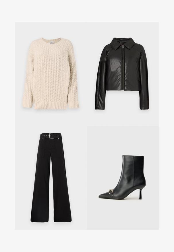 Schwarze Kunstleder-Cropped-Jacke mit Kragen und Reißverschluss. Mit langen Ärmeln und glatter, glänzender Textur.; Beige gestrickter Pullover mit strukturierten Rippen- und Zopfmustern. Rundhalsausschnitt und lange Ärmel. Weiches, dickes Material mit lockerer Passform.; Schwarze weitgeschnittene Hose aus Baumwolle, mit hoher Taille, großen Seitentaschen und einem taillierten Bund mit silbernen Hardware-Akzenten.; Schwarze Leder-Stiefelette mit spitzer Zehe, schlankem, mittelhohem Absatz und silberner Schnalle seitlich vor einem schlichten Hintergrund.