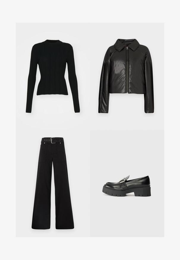 Fekete műbőr cropped dzseki galléros nyakkal és cipzárral. Hosszú ujjú, sima és fényes textúrával rendelkezik.; Fekete bordázott hosszú ujjú pulóver magas nyakkivágással és testhezálló fazonnal. Az anyag stretchnek tűnik, függőleges vonalakkal. Rövidebb kivágás alul.; Fekete, bő szárú nadrág, pamutból készült, magas derékkal, nagy oldalsó zsebekkel és ezüst színű hardverelemekkel ellátott övvel.; Fekete bőr loaferek masszív gumi talppal. Csattal díszített és varrott részletekkel a felső részen. Lapostalpú.