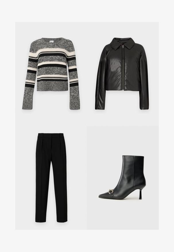 Mustast kunstnahast lühike jakk, millel on kraega kaelus ja tõmblukuga sulgemine. Omab pikki varrukaid ja sujuvat, läikivat tekstuuri.; Mustvalge triibuline sviiter ümmarguse kaelusega. Eyestekstuuriga kudumis materjal. Pikad varrukad, millel on laienevad mansetid. Horisontaalsed triibud erinevates laiuses.; Mustad sobranikud, sirge lõikega, volditud esiosa, läikiv kangas ja keskmise suurusega vöökoht. Ei ole nähtavaid taskuid ega metalldetailide. ; Must mustanvärvi nahast pahklinetopp, millel on terav nina, peen keskmise kõrgusega konts ja hõbedane keha detail külgedel, taustal lihtne taust.