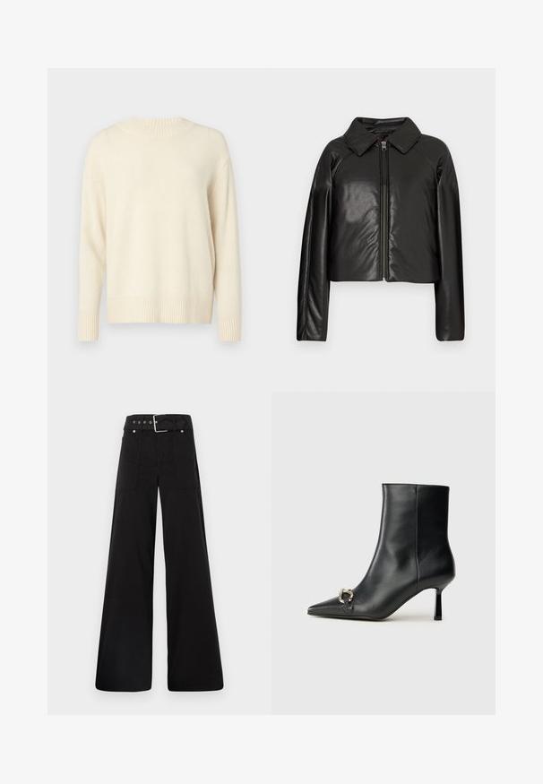 Schwarze Kunstleder-Cropped-Jacke mit Kragen und Reißverschluss. Mit langen Ärmeln und glatter, glänzender Textur.; Cremfarbener Strickpullover mit rundem Halsausschnitt, langen Ärmeln und gerippten Bündchen und Saum. Weiche Textur und lockere Passform. Keine sichtbaren Muster.; Schwarze weitgeschnittene Hose aus Baumwolle, mit hoher Taille, großen Seitentaschen und einem taillierten Bund mit silbernen Hardware-Akzenten.; Schwarze Leder-Stiefelette mit spitzer Zehe, schlankem, mittelhohem Absatz und silberner Schnalle seitlich vor einem schlichten Hintergrund.