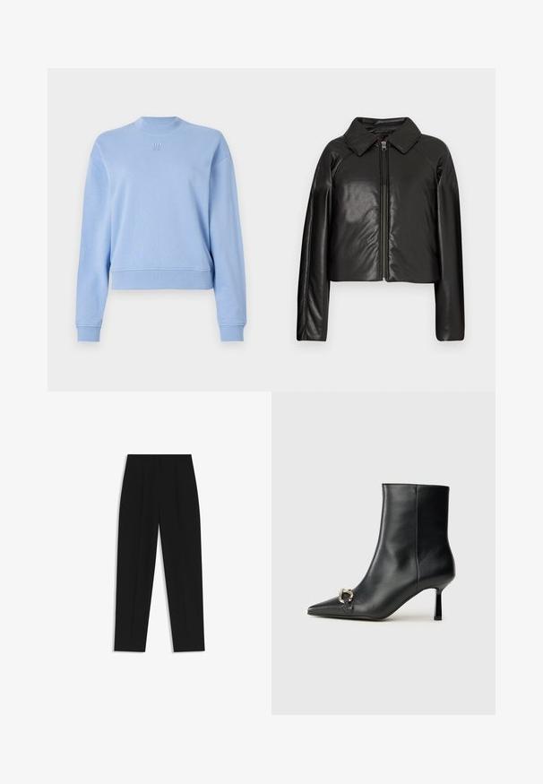 Black faux leather cropped jacket with a collared neckline and zip closure. Features long sleeves and smooth, glossy texture.; Light blue sweatshirt with a ribbed crew neck, long sleeves, and a cropped fit. Features embossed "HUGO" logo on the front. Smooth texture.; Black trousers with a straight fit, featuring double pleats, a smooth texture, and a classic waistband design. No visible hardware or accents.; Black leather ankle boot with pointed toe, slim mid-height heel, and silver buckle detail on side against plain background.