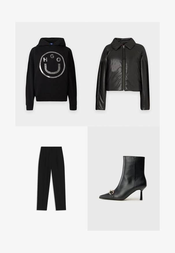 Black faux leather cropped jacket with a collared neckline and zip closure. Features long sleeves and smooth, glossy texture.; Black hoodie made of soft material featuring a large silver glitter smiley face design with "HGO" text inside the circle.; Black trousers with a straight fit, featuring double pleats, a smooth texture, and a classic waistband design. No visible hardware or accents.; Black leather ankle boot with pointed toe, slim mid-height heel, and silver buckle detail on side against plain background.